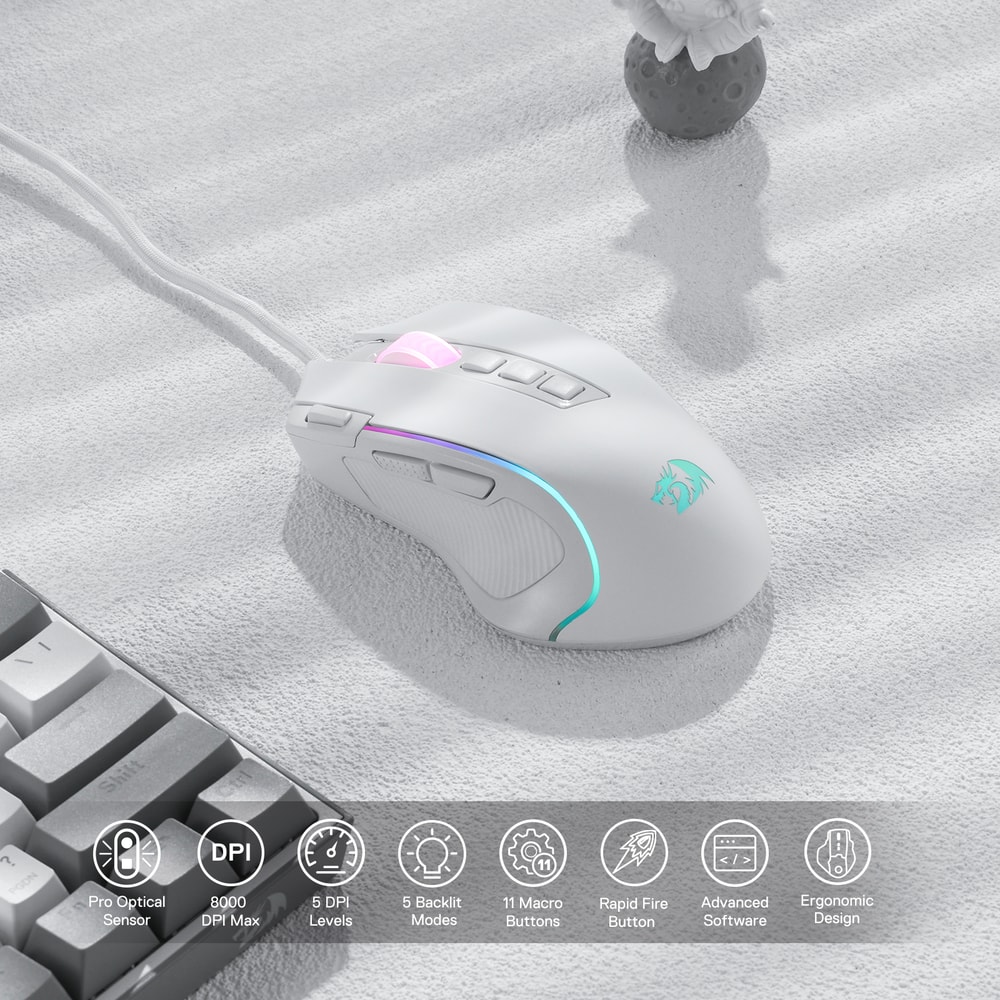 White RGB Gaming Mouse, Wired Optical with 11 Programmable Buttons
