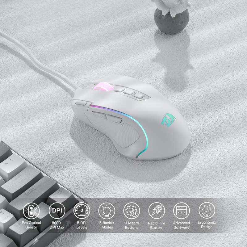 White RGB Gaming Mouse, Wired Optical with 11 Programmable Buttons