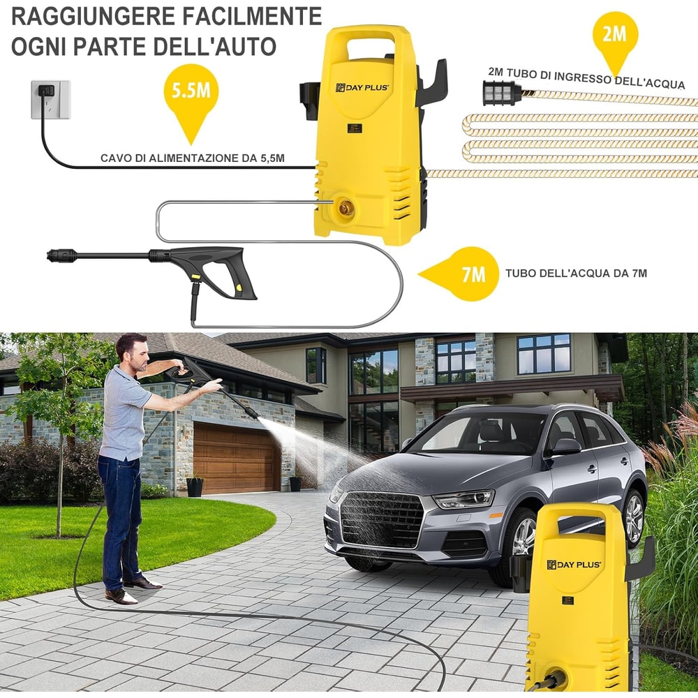 High Pressure Washer with Adjustable Lance, 7m Hose for Cars, Gardens, Terraces