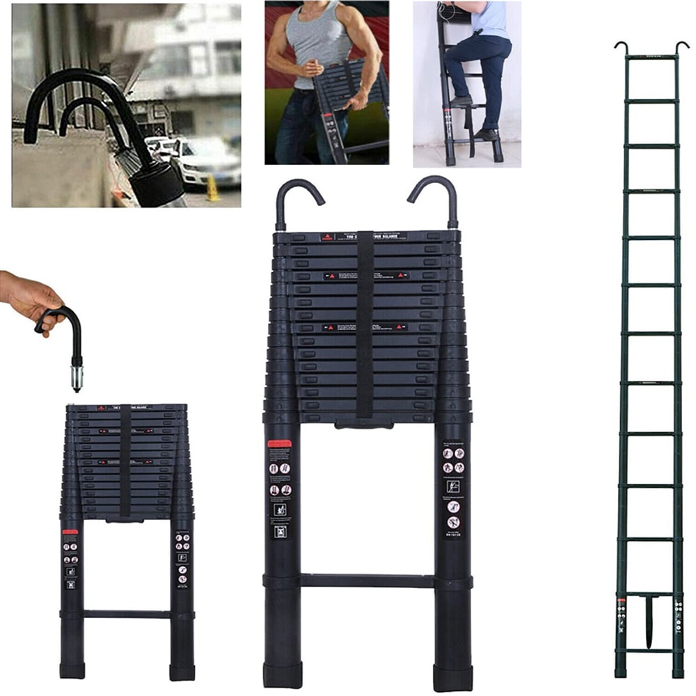 Aluminum Extending Roof Ladder, Heavy Duty Telescopic Ladders With Hooks, Indoor Outdoor Multi Purpose Ladder