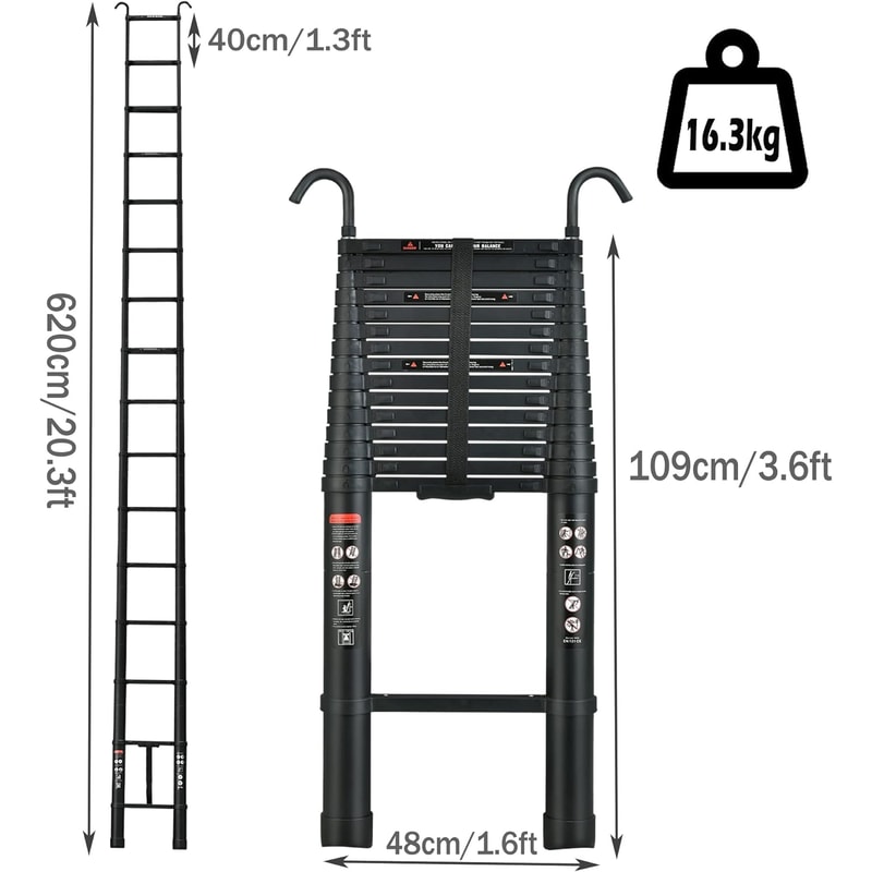 Aluminum Extending Roof Ladder, Heavy Duty Telescopic Ladders With Hooks, Indoor Outdoor Multi Purpose Ladder