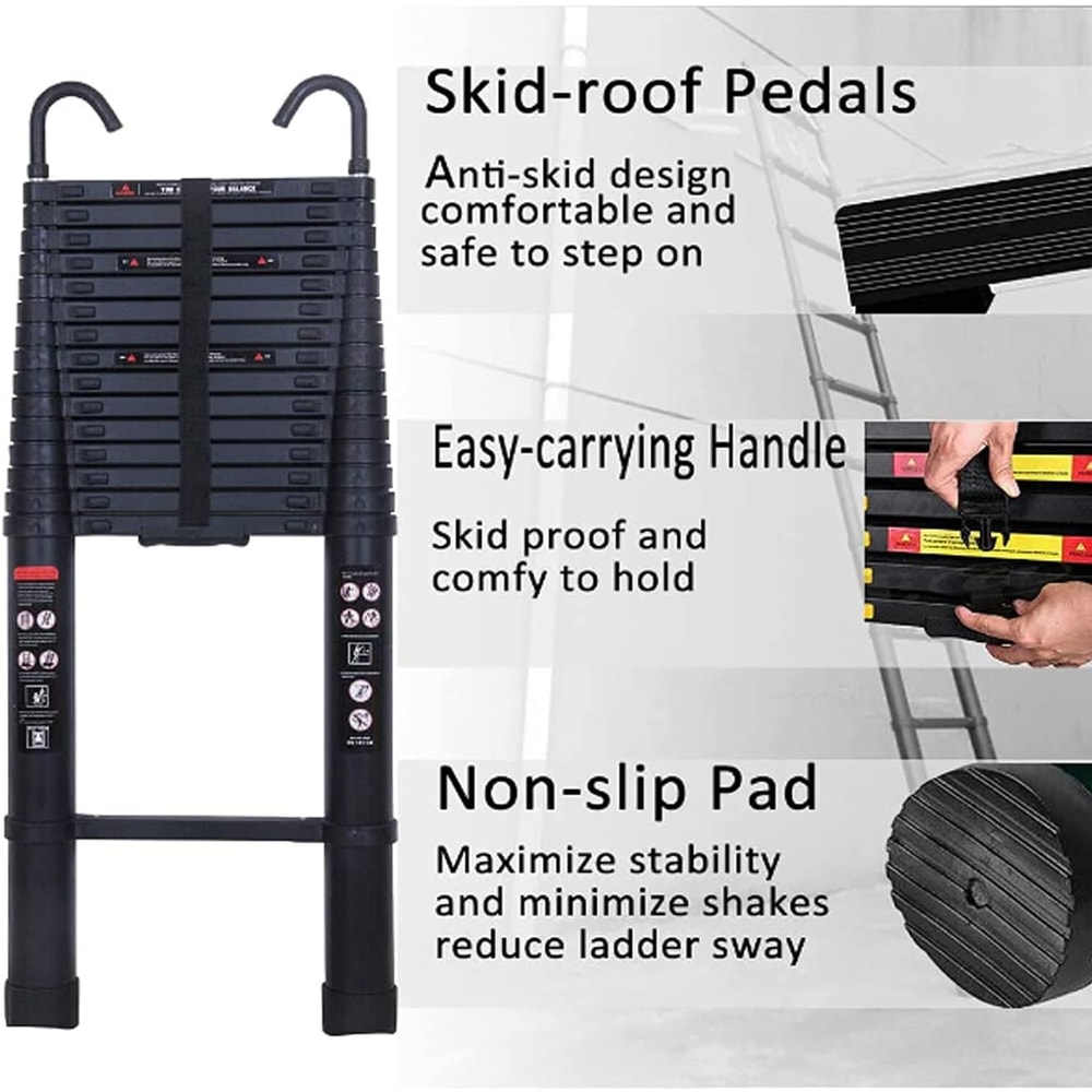 Aluminum Extending Roof Ladder, Heavy Duty Telescopic Ladders With Hooks, Indoor Outdoor Multi Purpose Ladder