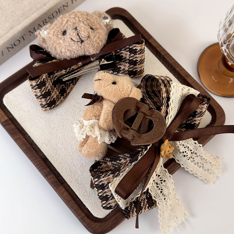 New autumn and winter checkered bow headband, cartoon fabric teddy bear clip hair clip, shark clip hair clip
