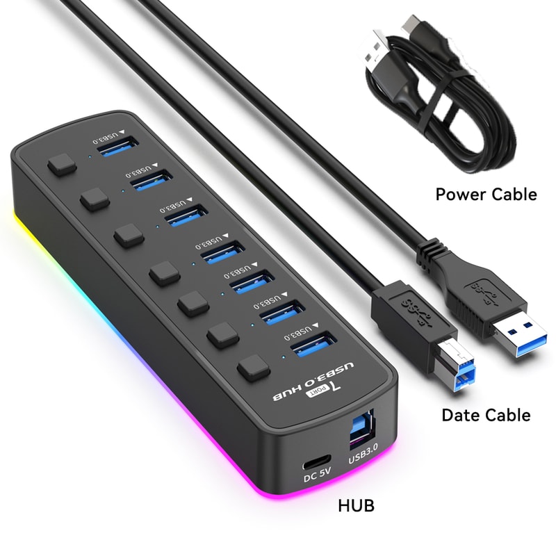 USB Splitter Adapter with Individual On/Off Switch, High Speed Hub for PC, SSD & RGB Computer Accessories