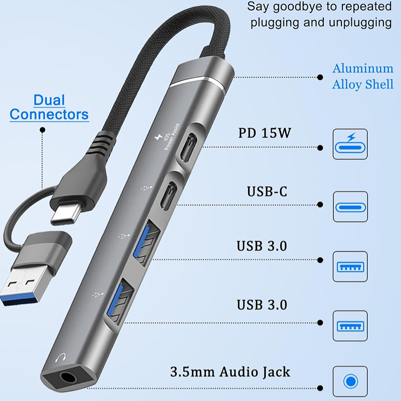 Universal Computer Docking Station Splitter, Audio Adapter OTG USB Hub to Laptop for PC Multiport Adapter