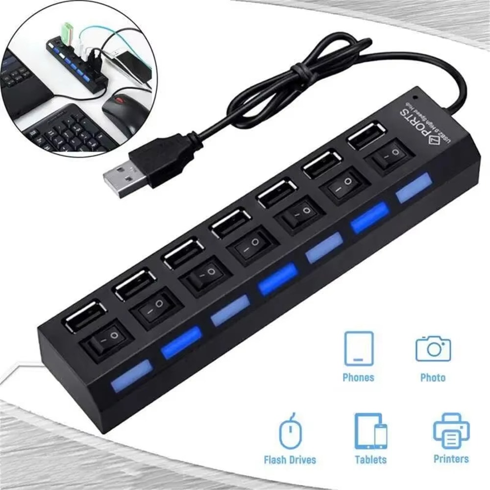 7 Ports USB Hub With Switch USB Multi USB Splitter Power Adapter For PC Laptops Accessories 1