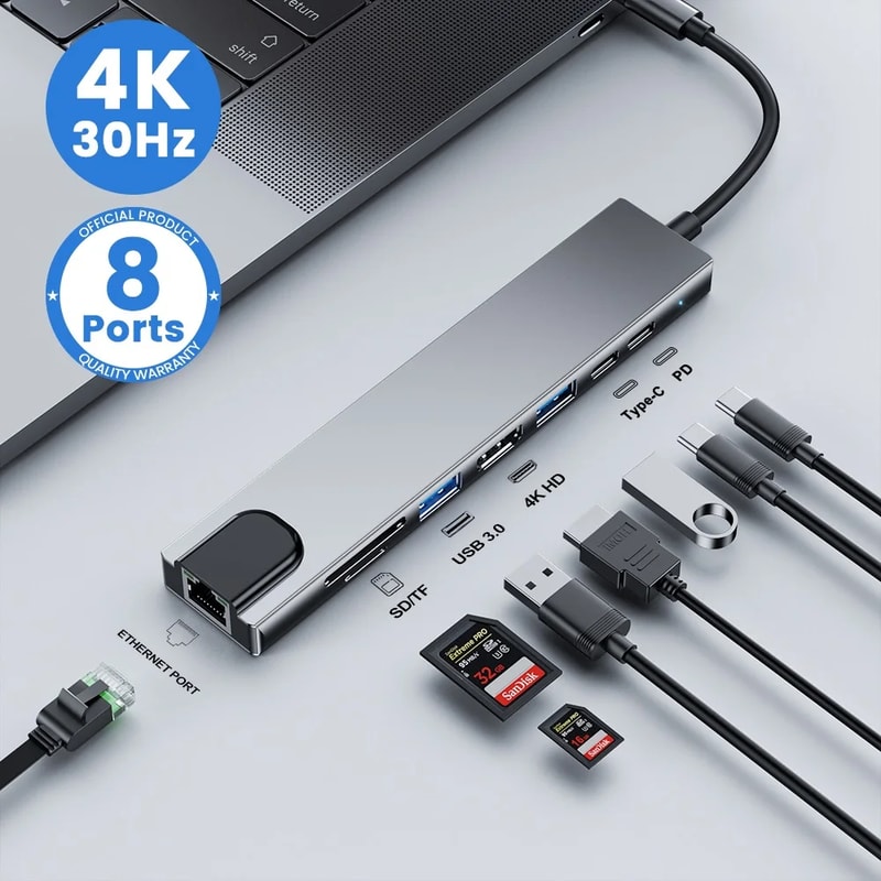 8 In 1 USB C Hub Adapter 4K HDMI Type C With RJ45 And PD Fast Charge For MacBook Laptop 0