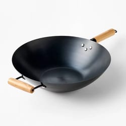 figmint carbon steel wok, dark gray, 6qt capacity, wooden handles, ideal for stir-frying, sauteing & steaming