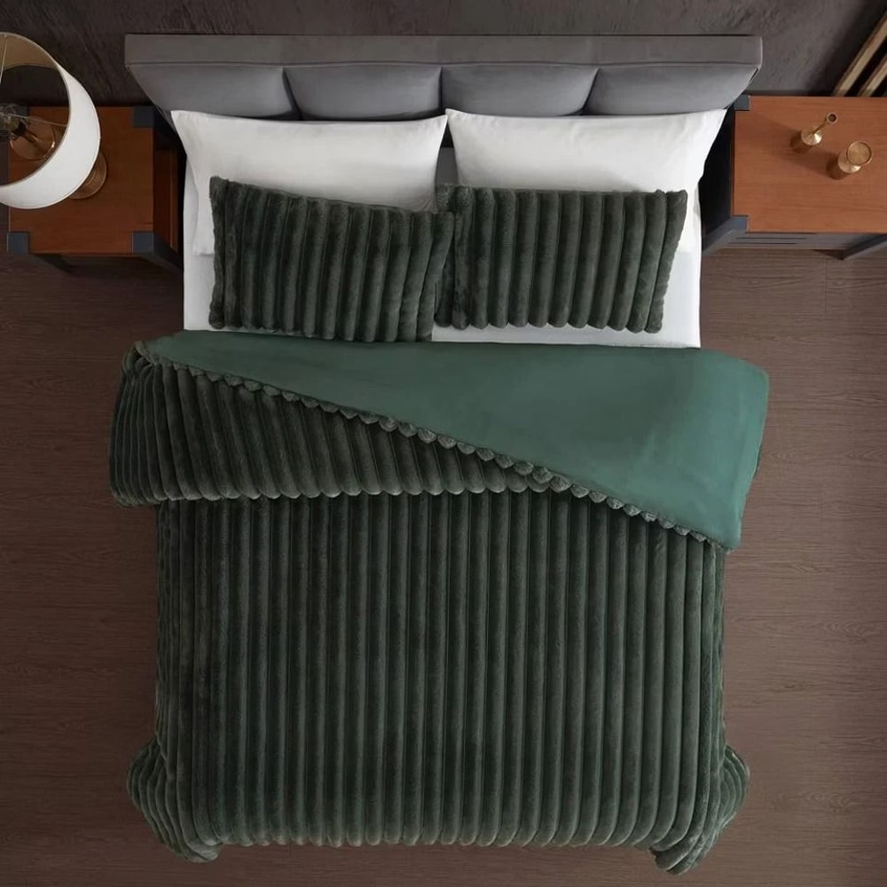BedRoom King Comforter Set Green Faux Fur Machine Washable Bedding 3