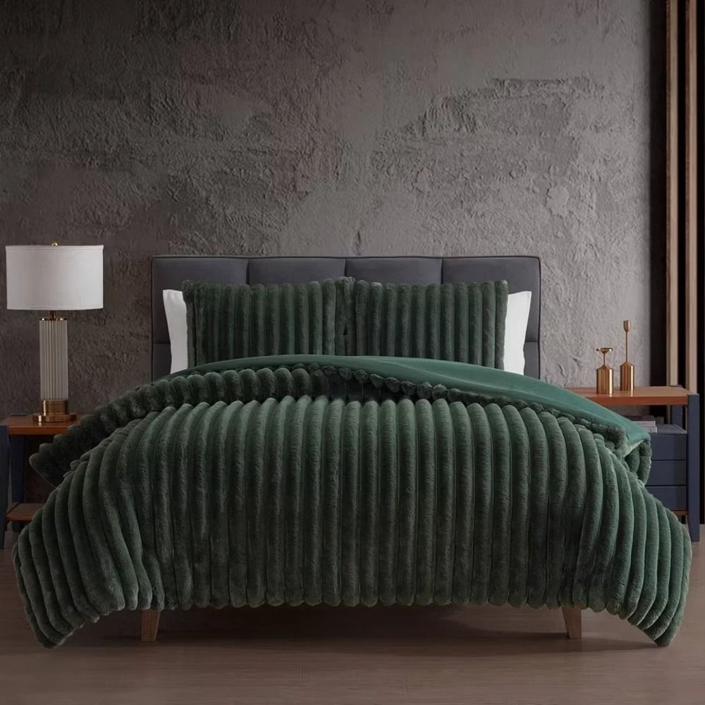 BedRoom King Comforter Set Green Faux Fur Machine Washable Bedding 5