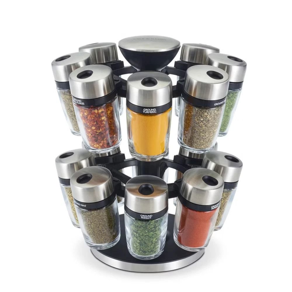 Spice Rack Carousel Premium Stainless Steel Lids Smooth Rotating Action Freestanding Herb And Spice 0