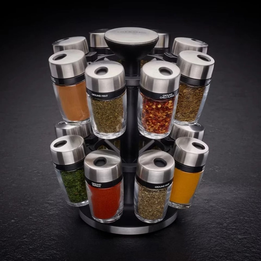 Spice Rack Carousel Premium Stainless Steel Lids Smooth Rotating Action Freestanding Herb And Spice 2
