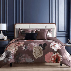 velvet floral king vita bedding set, comforter with shams and decorative pillows, machine washable