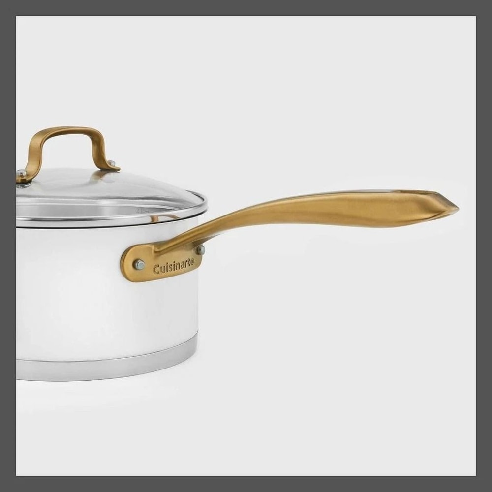 Matte White Stainless Steel Cookware Set Brushed Gold Handles Even Heating Oven Safe 6