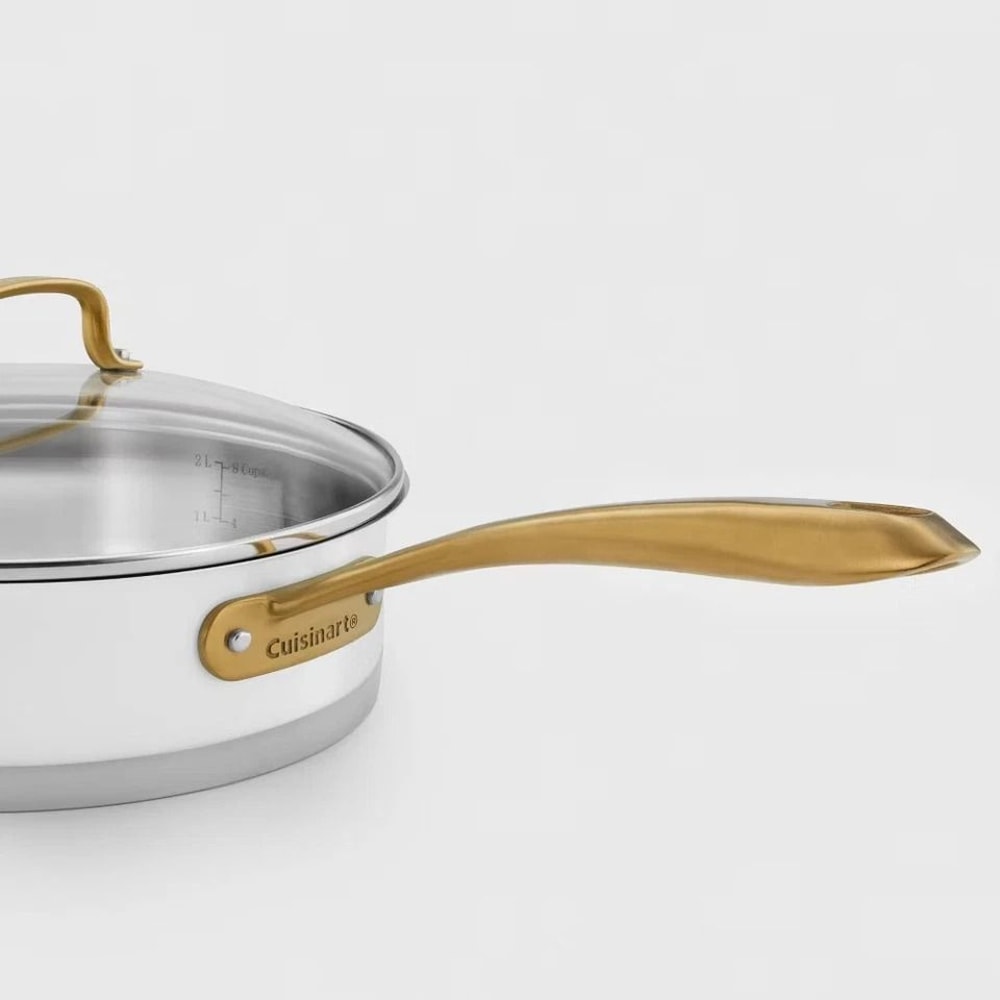 Matte White Stainless Steel Cookware Set Brushed Gold Handles Even Heating Oven Safe 9