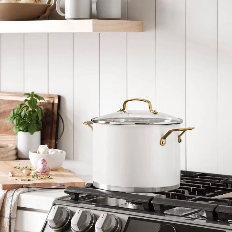 Matte White Stainless Steel Cookware Set Brushed Gold Handles Even Heating Oven Safe 10