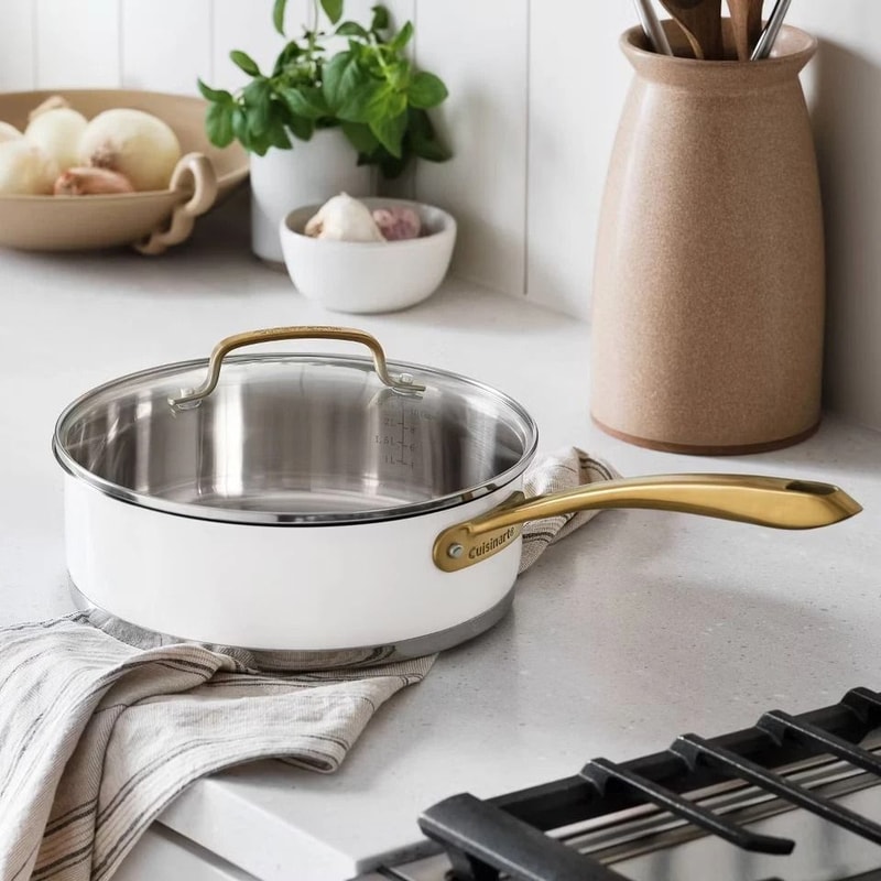 Matte White Stainless Steel Cookware Set Brushed Gold Handles Even Heating Oven Safe 4