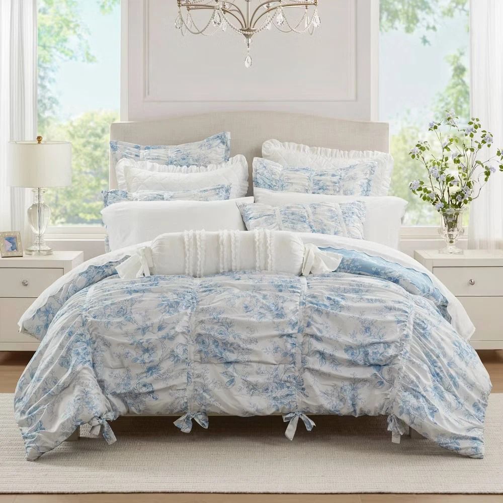 Collection FullQueen Toile Floral Comforter Blue Soft Polyester Lightweight 3