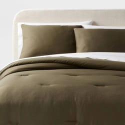 dark olive green full/queen washed cotton sateen comforter and sham set, soft polyester fill