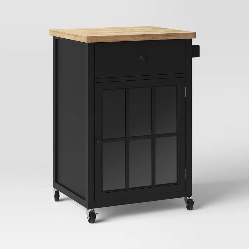 Threshold Windham Wood Top Kitchen Cart Black Shelves Drawer Casters Modern Kitchen Storage 0