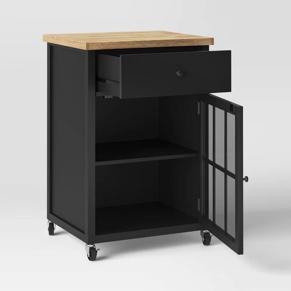 Threshold Windham Wood Top Kitchen Cart Black Shelves Drawer Casters Modern Kitchen Storage 7