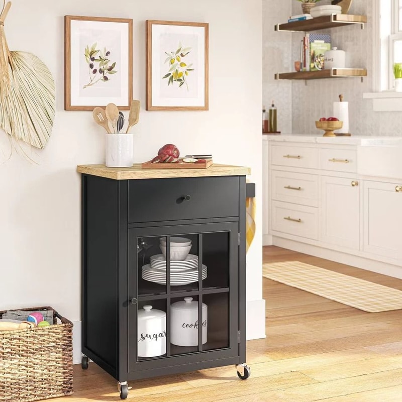 Threshold Windham Wood Top Kitchen Cart Black Shelves Drawer Casters Modern Kitchen Storage 8