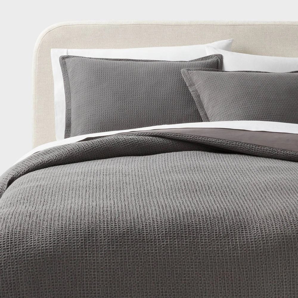 King Washed Waffle Weave Duvet Cover And Sham Set Dark Gray Midweight Cotton Cozy Bed Set For Ult 0