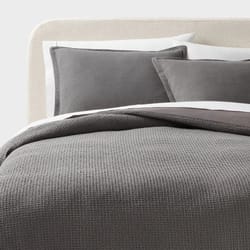 king washed waffle weave duvet cover and sham set, dark gray, midweight cotton, cozy bed set for ult