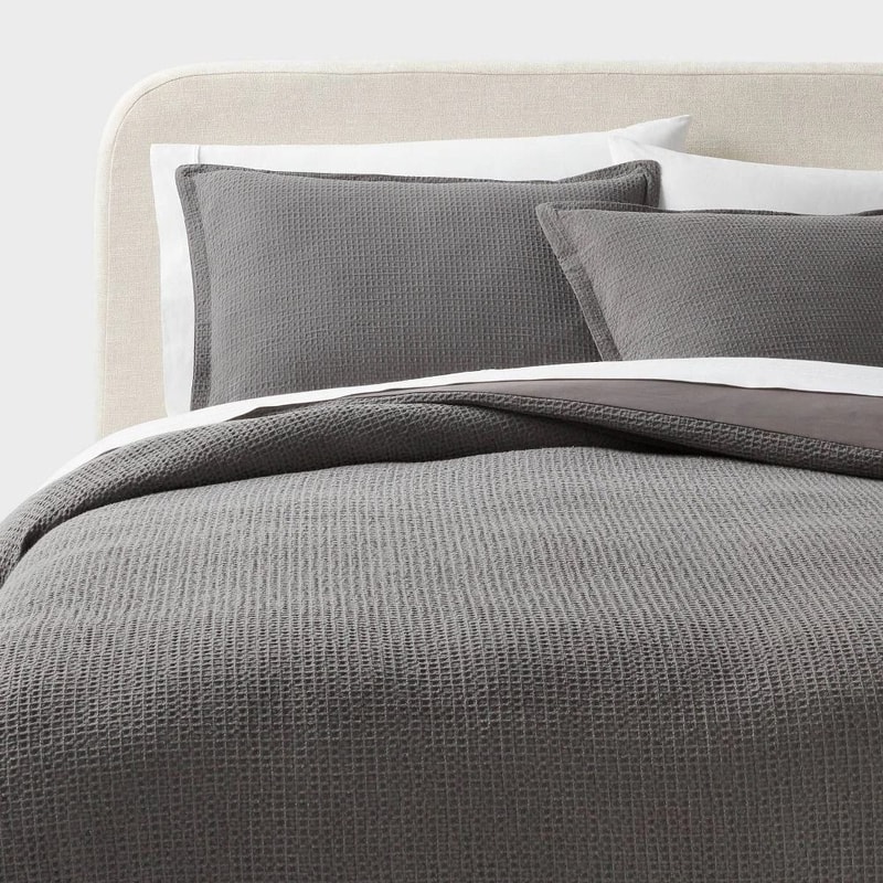 King Washed Waffle Weave Duvet Cover And Sham Set Dark Gray Midweight Cotton Cozy Bed Set For Ult 0