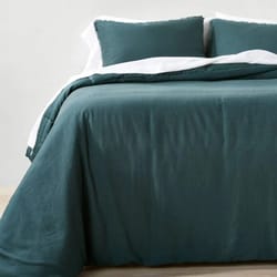 dark teal blue full/queen heavyweight linen blend comforter & sham set,cotton sateen backing