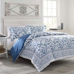 full/queen charlotte reversible duvet cover set blue, soft , machine washable, elegant floral print