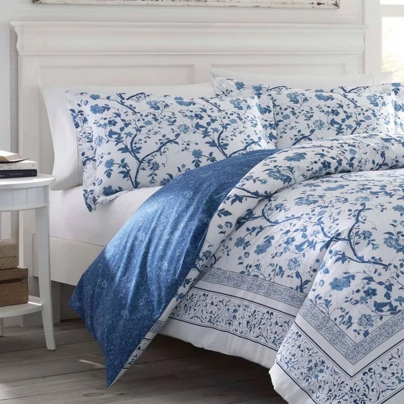 FullQueen Charlotte Reversible Duvet Cover Set Blue Soft Machine Washable Elegant Floral Print 2