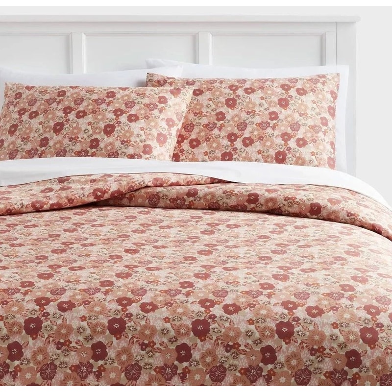 Copper/Light Pink Floral Full/Queen Printed Easy Care Duvet Cover and Sham Set, Sateen Fabric, Button Closure
