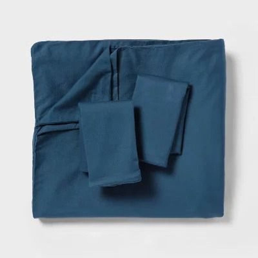 Threshold FullQueen Washed Cotton Sateen Duvet Cover And Sham Set Indigo Soft Cotton Comfort Zipper 4