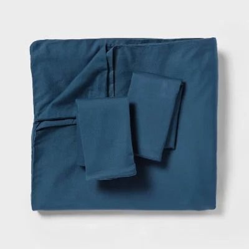 Threshold FullQueen Washed Cotton Sateen Duvet Cover And Sham Set Indigo Soft Cotton Comfort Zipper 4
