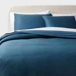threshold full/queen washed cotton sateen duvet cover and sham set, indigo, soft cotton comfort, zipper closure