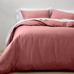 linen duvet & sham set, full/queen size, rose, soft & lightweight, zipper closure, easy care