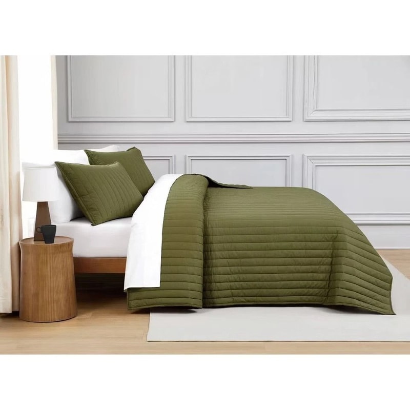King Oversized Percale Quilt Set Olive Green Luxurious Cotton Quilt Premium Bedding Set For King Be 2