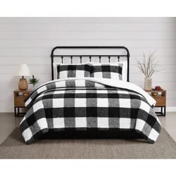 full/queen cozy comforter set, buffalo check design, black plush fabric, machine washable, soft polyester fill