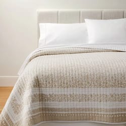 neutral floral wood block print quilt, full/queen decorative border cotton slub, soft cotton comfort