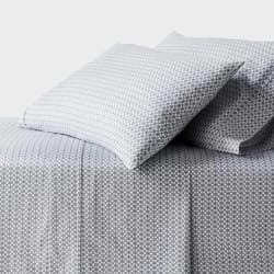 threshold full thread count performance sheet set, blue geo pattern, soft cotton