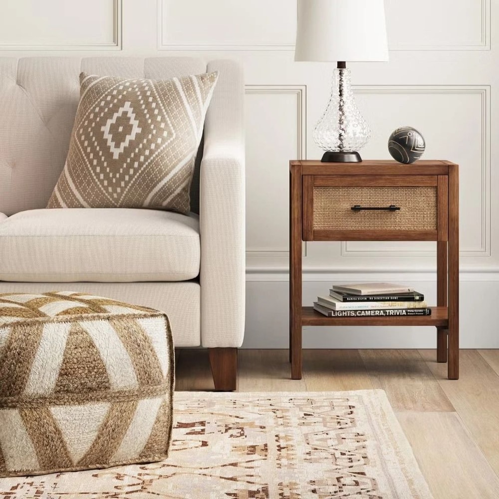 Threshold Warwick End Table With Drawer Brown Wood Finish Rattan Mesh Versatile Accent Side Table 6