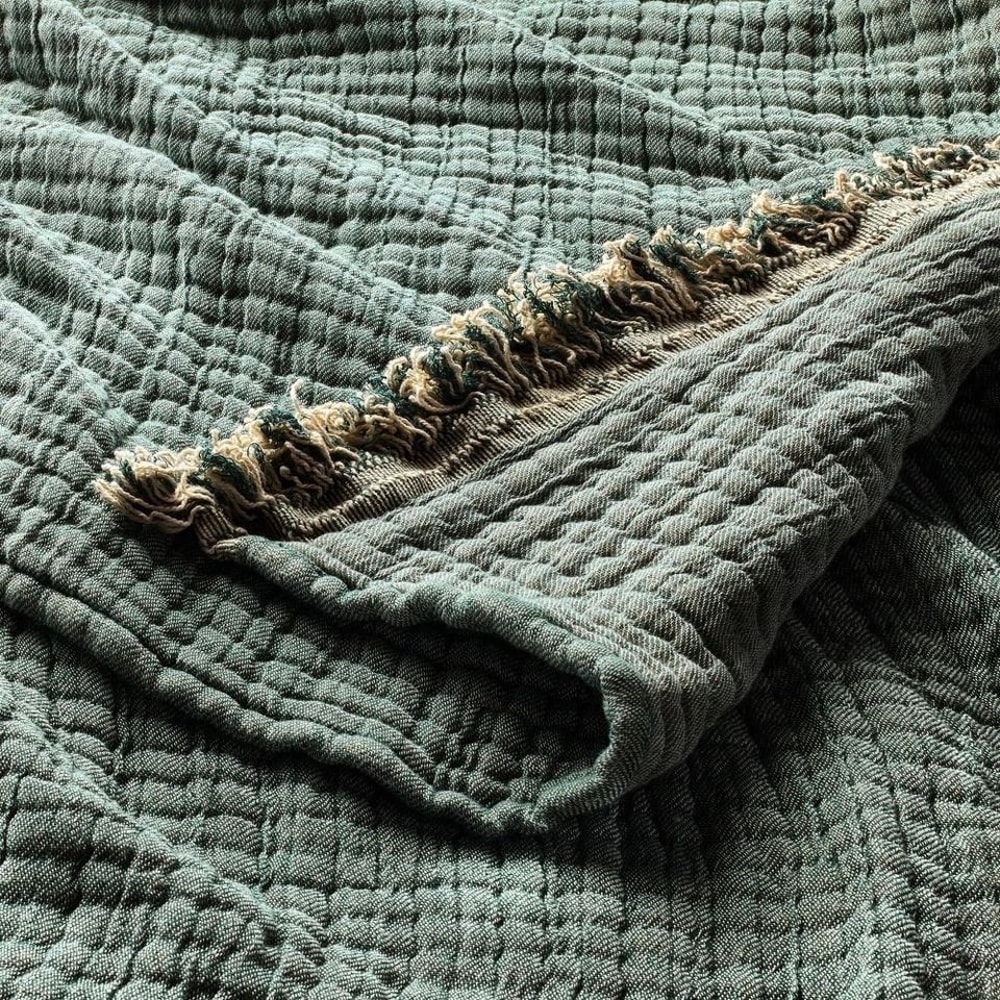 Reversible FullQueen Cotton Chambray Coverlet Dark Teal Blue Soft Jacquard Weave 3