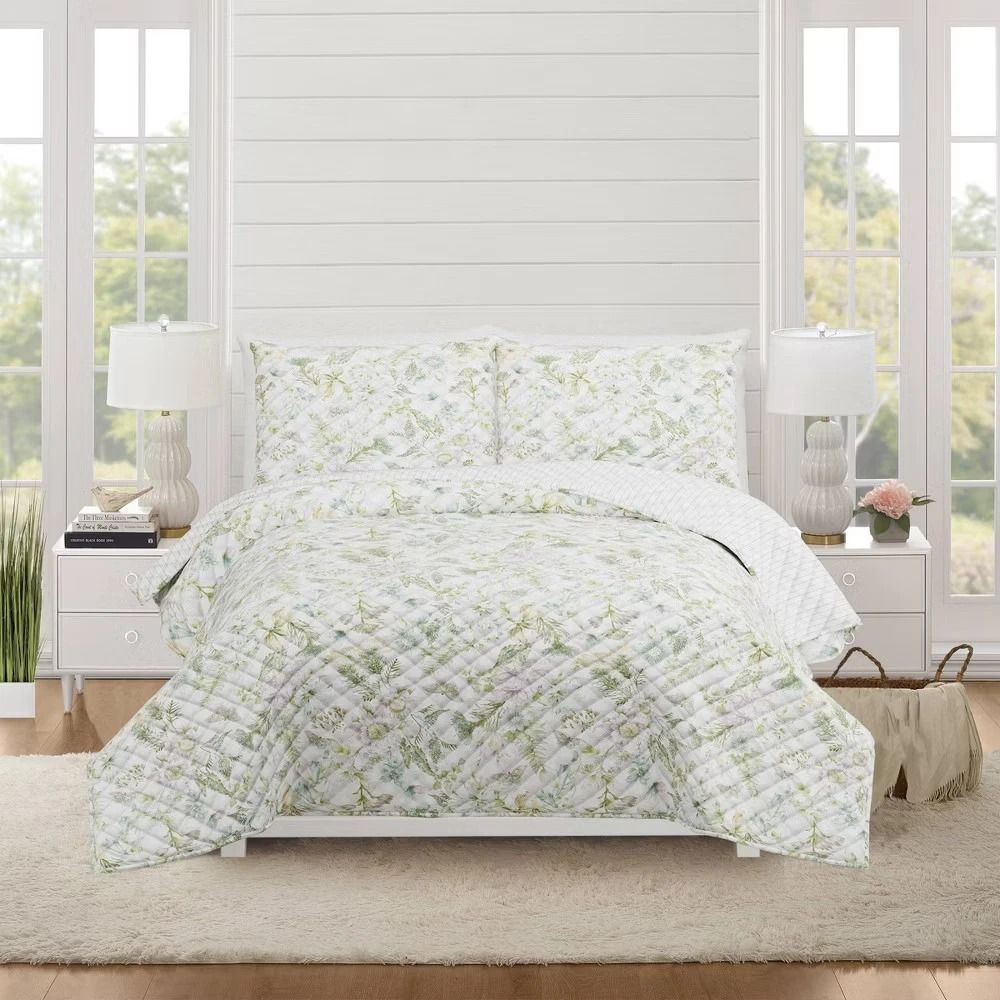 Botanical Floral Green FullQueen Quilt Set Modern Heirloom Bedding Reversible Soft Polyester Machin 0