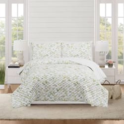 botanical floral green full/queen quilt set, bedding, reversible, soft polyester, machine washable