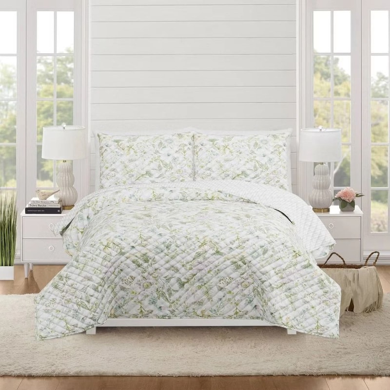Botanical Floral Green FullQueen Quilt Set Modern Heirloom Bedding Reversible Soft Polyester Machin 0