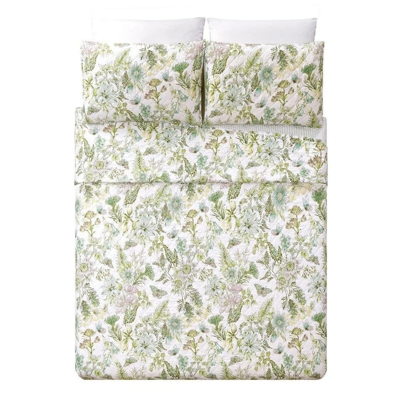 Botanical Floral Green FullQueen Quilt Set Modern Heirloom Bedding Reversible Soft Polyester Machin 4