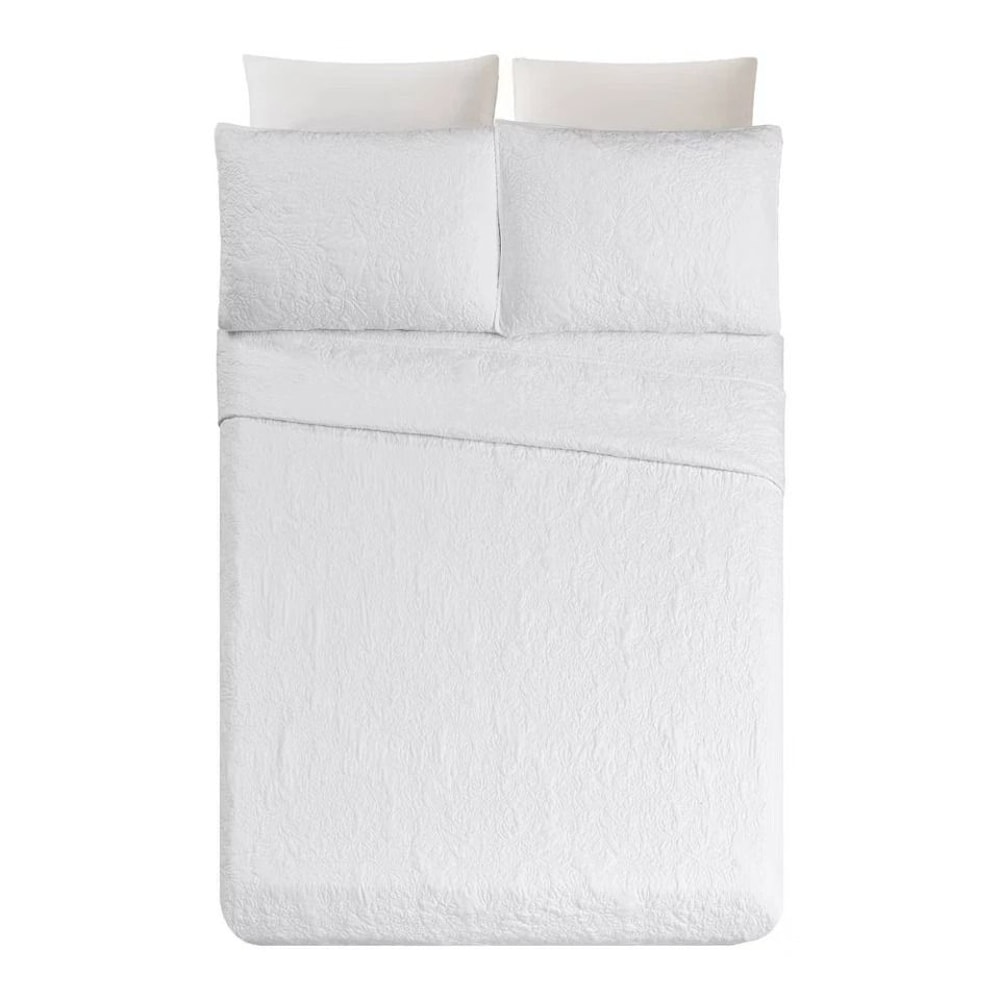 Modern Heirloom FullQueen Stitched Quilt Set White With Floral Embroidery Soft Recycled Polyester F 5