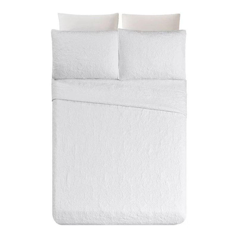 Modern Heirloom FullQueen Stitched Quilt Set White With Floral Embroidery Soft Recycled Polyester F 5