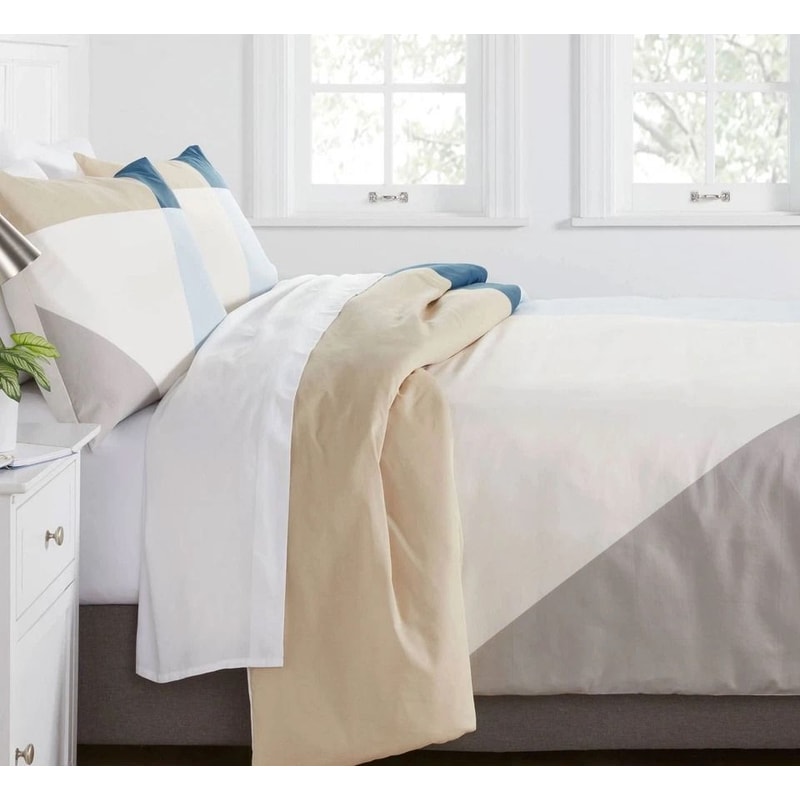 FullQueen Cotton Blend Sateen Duvet Cover And Sham Set IvoryLight Geo Thread Count Cozy And Stylish 2